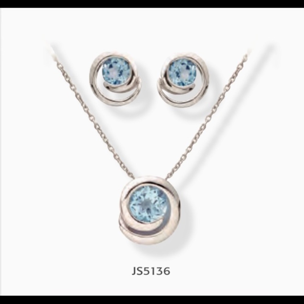 Genuine round blue topaz earring & necklace set, sterling silver, 18" ch…